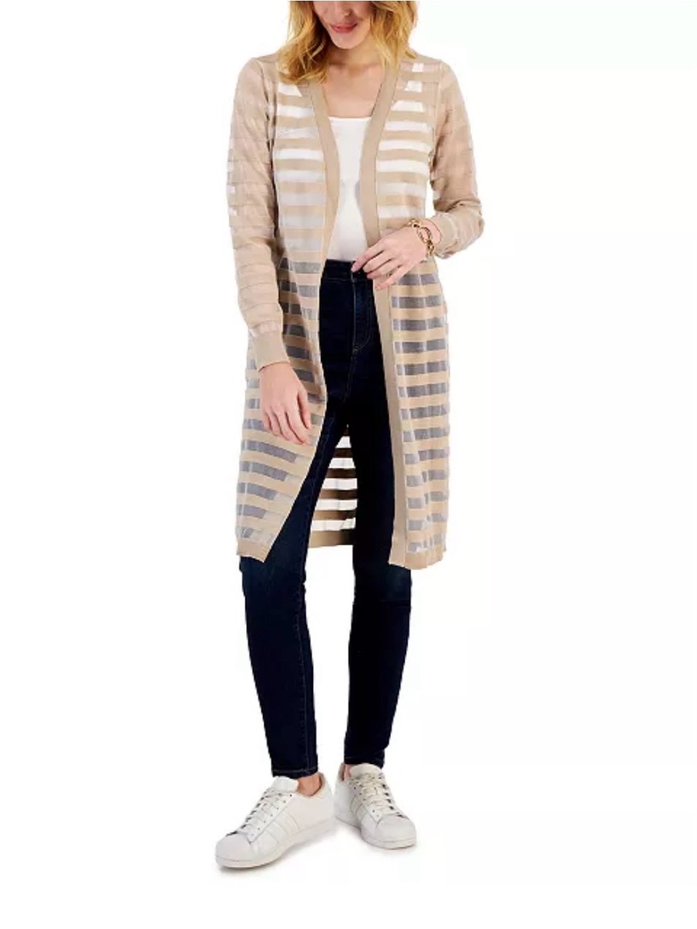 INC International Concepts Beige and Silver Striped Sheer Open-Front Cardigan